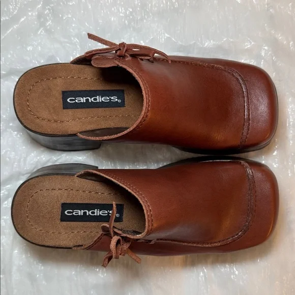Vintage 90’s Candie's Brown Leather Platform Clogs Wood Heel Boho NWOT Size 6 - Picture 5 of 16